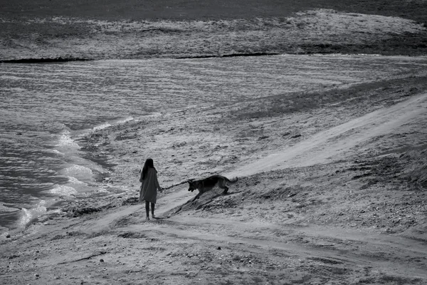 Bw озеро и женщина с собакой — стоковое фото