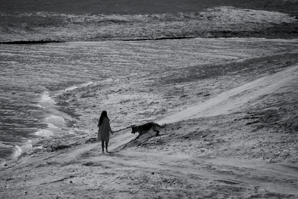 BW lake en vrouw met hond — Stockfoto