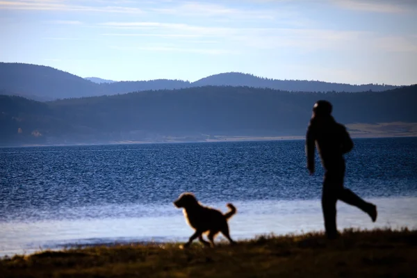 Cão e homem perto do lago — Fotografia de Stock