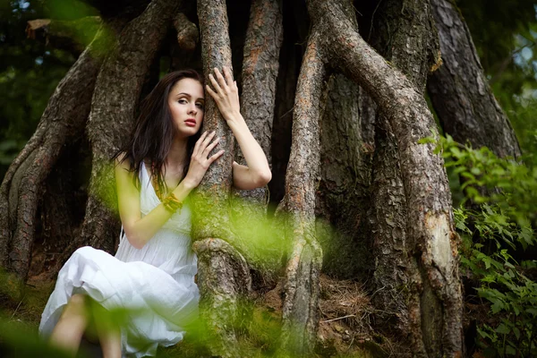 Hermosa chica en el árbol viejo — Foto de Stock