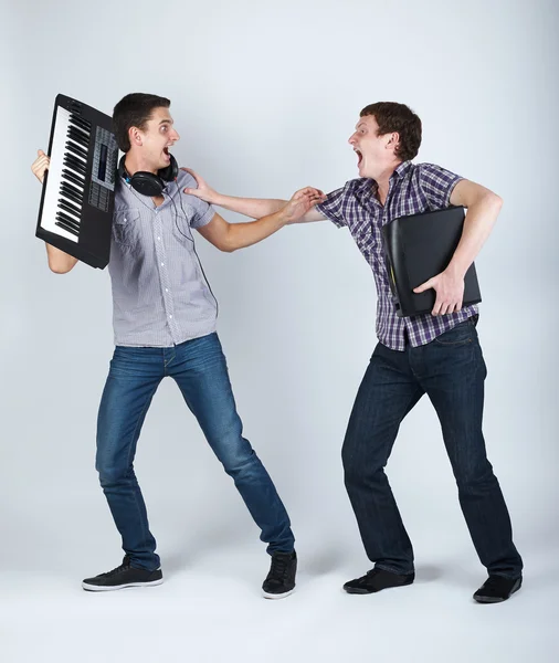 Two funny boys with speakers — Stock Photo, Image