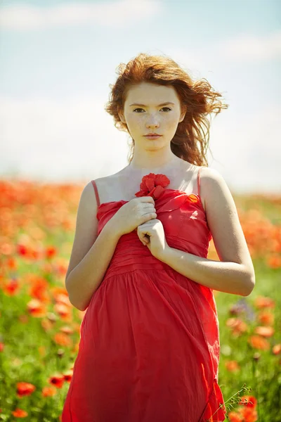 Rojo pelo hermosa chica en amapola campo — Foto de Stock