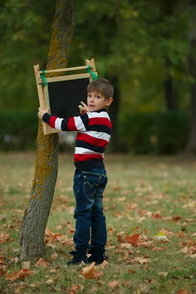 Piccolo ragazzo felice scrivendo sulla lavagna — Foto Stock