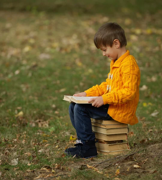 Mały chłopiec siedzi na stos książek — Zdjęcie stockowe
