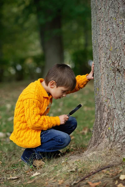 Little happy boy with magnifying glass — Stock Photo, Image