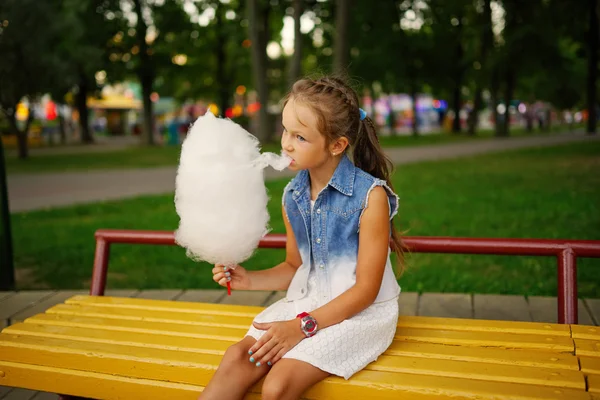 Menina bonito com algodão doce no parque — Fotografia de Stock