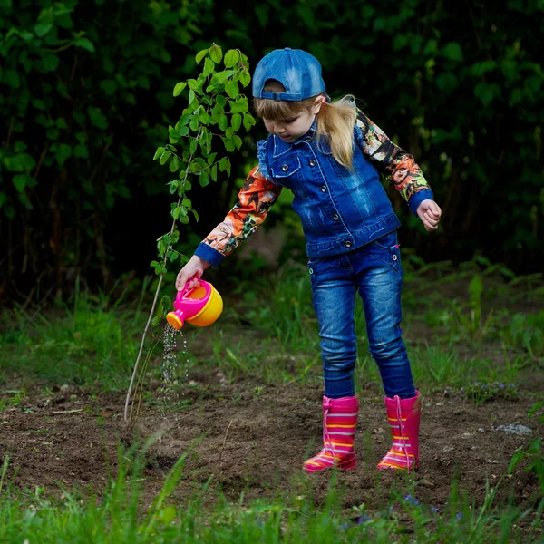 Glückliches Mädchen pflanzt Baum — Stockfoto