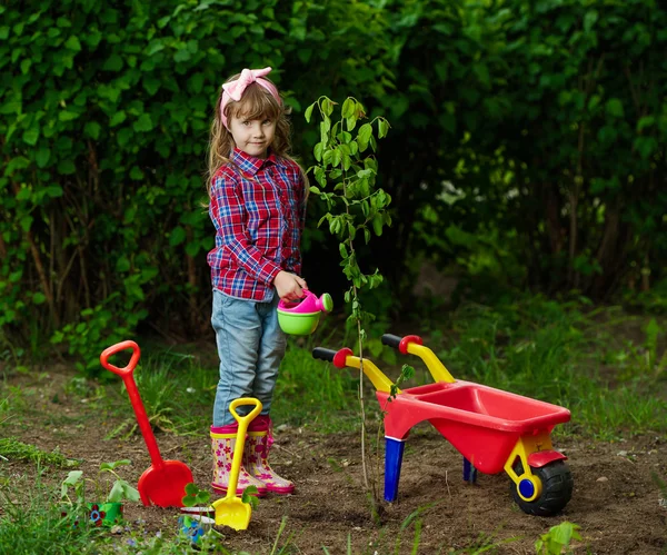 Glad tjej plantera träd — Stockfoto