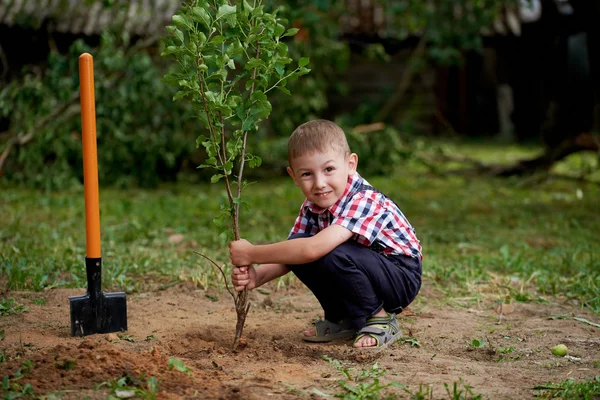 Funny boy with shovel in garden — Stock Photo, Image