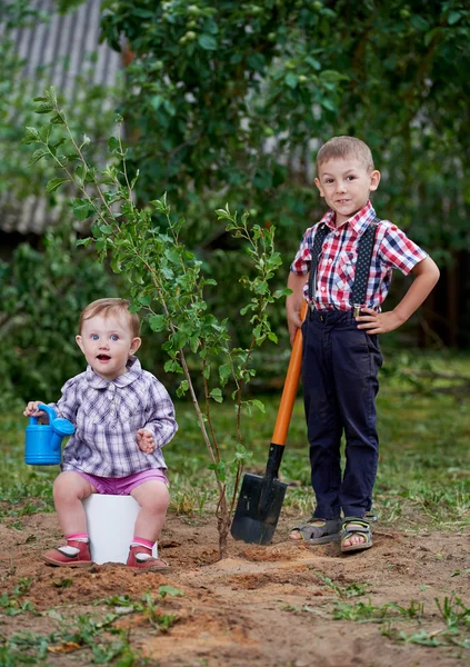 Menino engraçado com pá no jardim — Fotografia de Stock