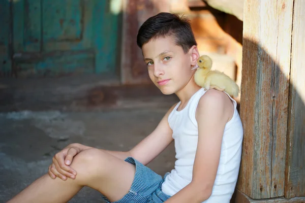 Menino com pouco patinho amarelo na aldeia de verão — Fotografia de Stock