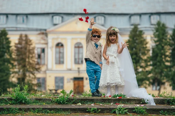 Two funny little bride and groom — Stock Photo, Image