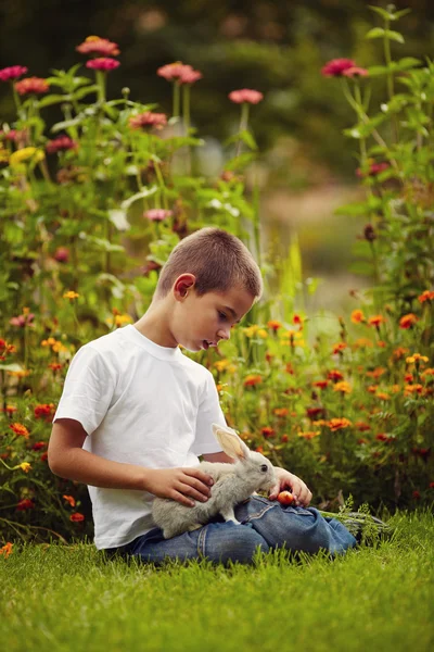 Kleine jongen met konijn — Stockfoto