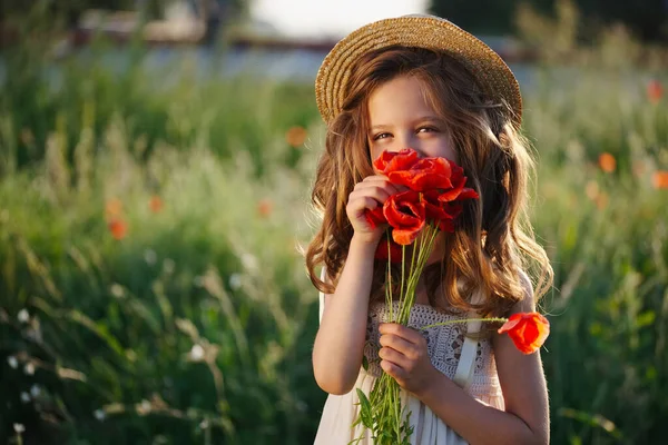 Милая маленькая девочка на лугу с красными маками — стоковое фото