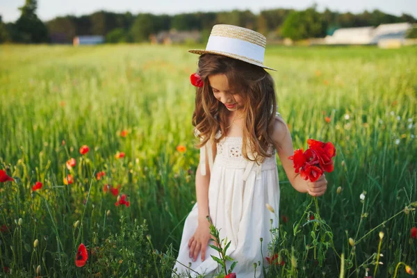 Mignonne petite fille dans la prairie avec des coquelicots rouges — Photo