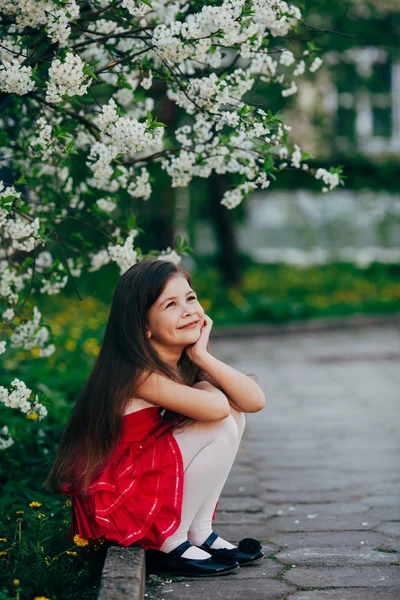 Pretty girl sitting under the cherry tree — Stock Photo, Image