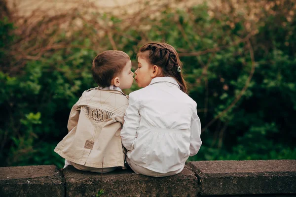 Sister and brother hugging kissing — Stock Photo, Image