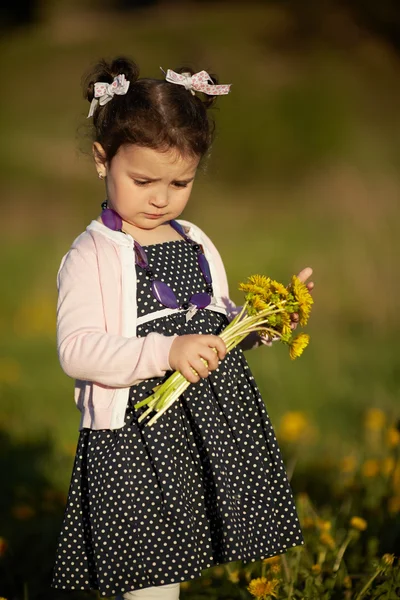 Schattig klein meisje met paardebloemen — Stockfoto