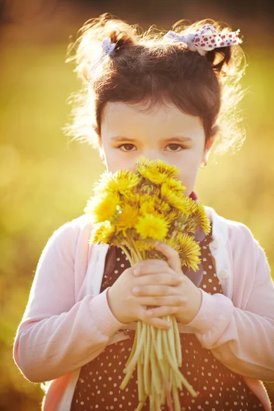 Милая маленькая девочка с одуванчиками — стоковое фото