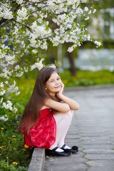 Flicka nära apple tree blommor — Stockfoto