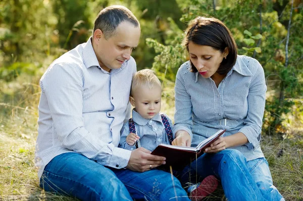 Family reading book in park — Stock Photo, Image