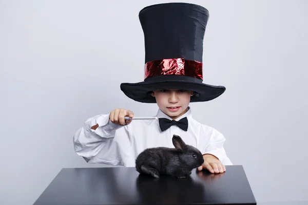Little magician with rabbit studio shot — Stock Photo, Image