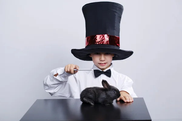 Pequeno mágico com coelho estúdio tiro — Fotografia de Stock