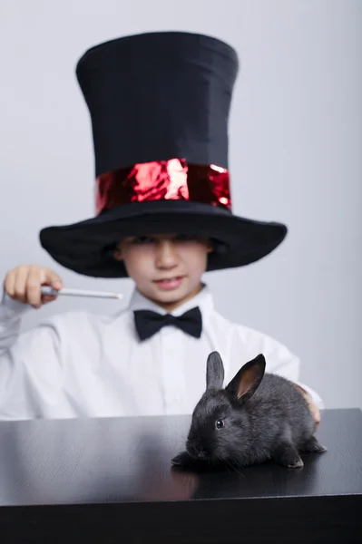 小魔术师与兔子影棚拍摄 — 图库照片