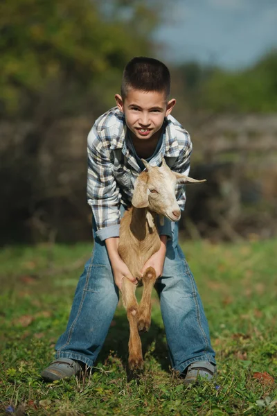 Little boy with goat on the farm — Stock Photo, Image