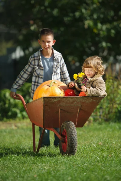 Meisje en jongen met pompoenen in de tuin — Stockfoto