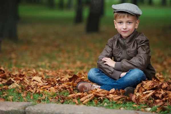 Kleiner lustiger Junge im Herbst verlässt Porträt — Stockfoto