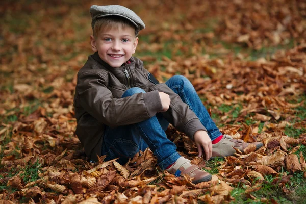 Liten rolig pojke i höst lämnar porträtt — Stockfoto