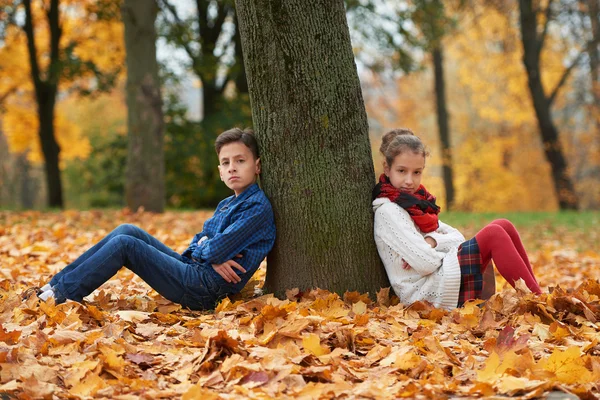 Niño y niña en el parque de otoño — Foto de Stock