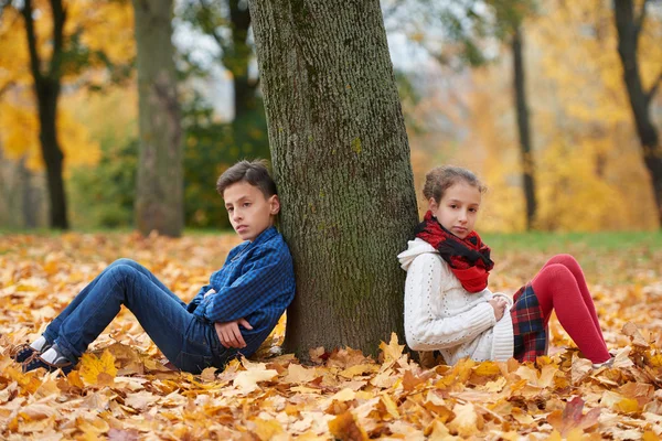 男孩和女孩在片秋色的公园 — 图库照片