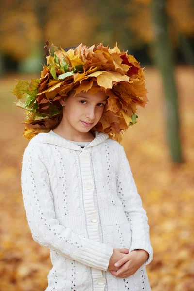 Menina bonita no parque de outono com grinalda de folhas — Fotografia de Stock