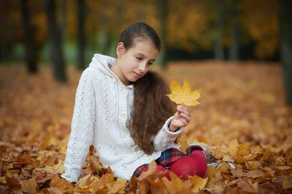 Niña en el parque de otoño jugando con la hoja — Foto de Stock