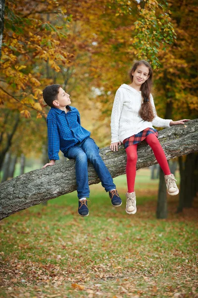 Chłopiec i dziewczynka jesień Park — Stockfoto