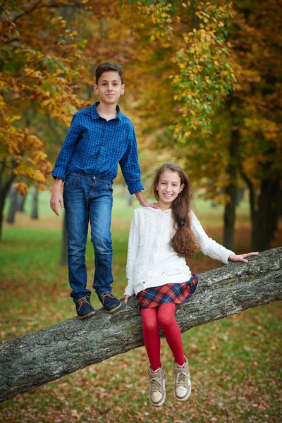 Niño y niña en el parque de otoño — Foto de Stock