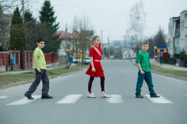 children crossing street on crosswalk