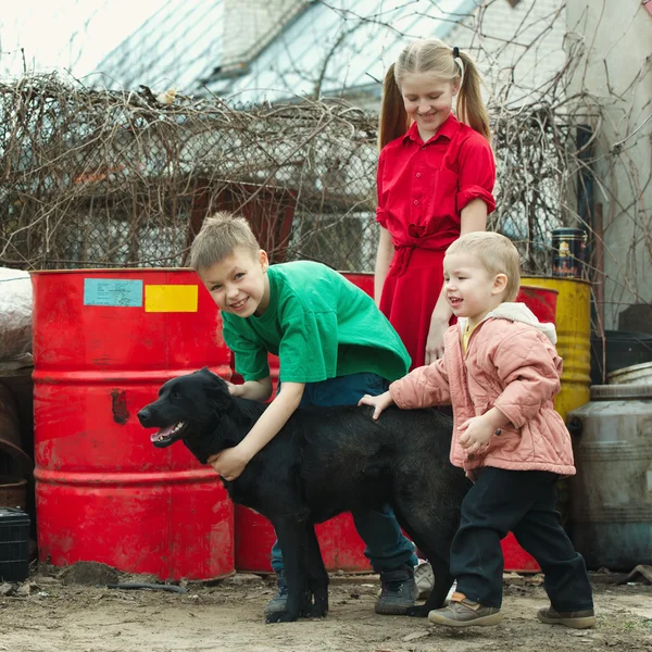 As crianças brincam na lixeira com o cão — Fotografia de Stock