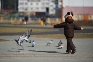 yakalama ve güvercinler ile oynarken küçük çocuk