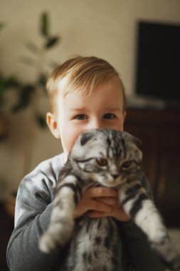 küçük komik çocuk hugs kedi