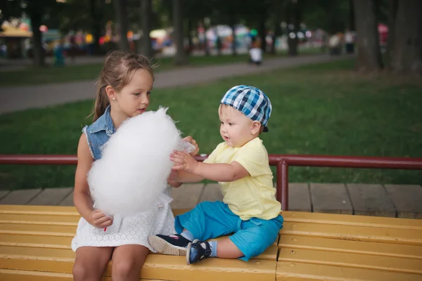 Crianças bonitos com algodão doce no parque — Fotografia de Stock