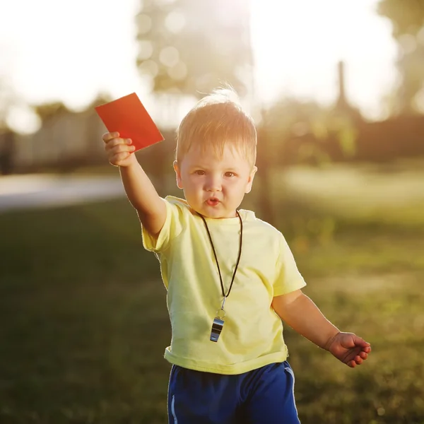 Cute little referee with red card — Stock Photo, Image