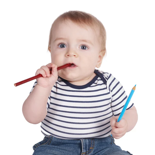 Lindo niño con lápices de colores —  Fotos de Stock