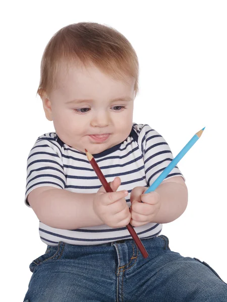 Menino bonito com lápis coloridos — Fotografia de Stock