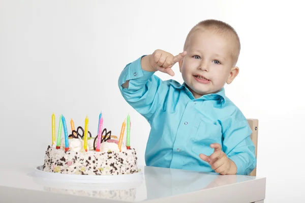 Little boy with birthday cake — Stock Photo, Image