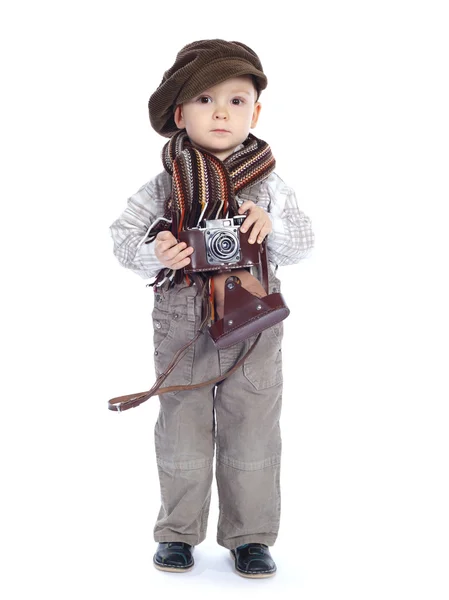 Boy with aged retro camera — Stock Photo, Image