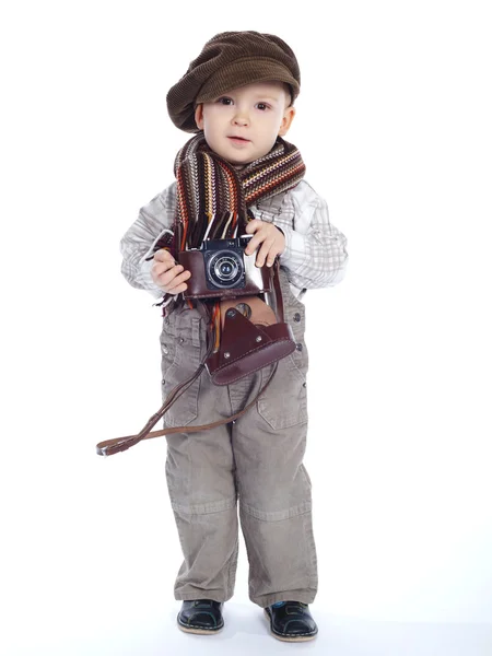 Boy with aged retro camera — Stock Photo, Image