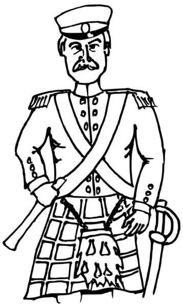 Drawing Scottish Artilery Officer 19Th Century Black White — Stock Vector